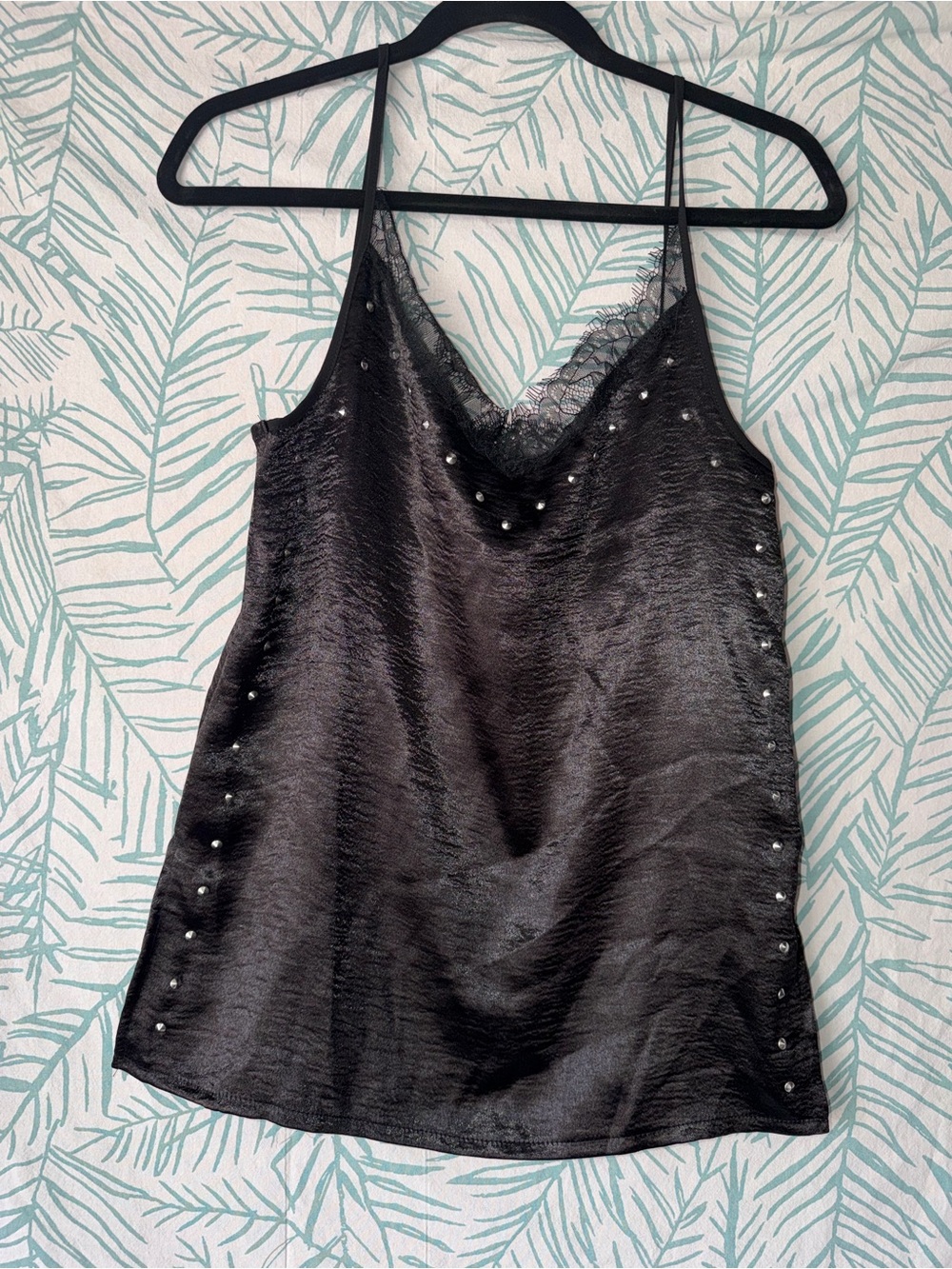 Zara Black Satin Lace-Trim Cami with Silver Studs